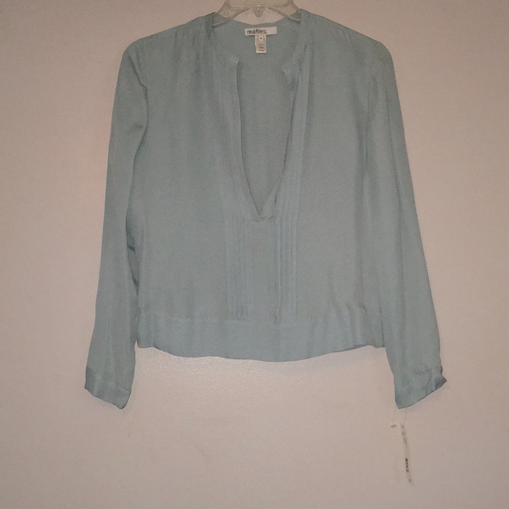 Realities 100% Genuine Silk Pleated Deep V Pale Baby Blue Top Rare NWT